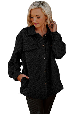 Black Lattice Texture Retro Flap Pocket Button Shacket