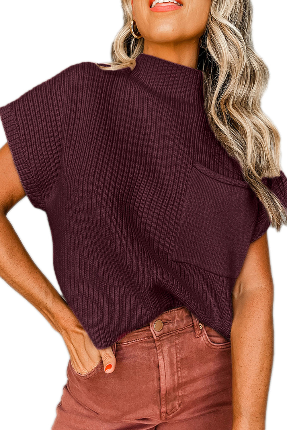 Green Patch Pocket Ribbed Knit Short Sleeve Sweater