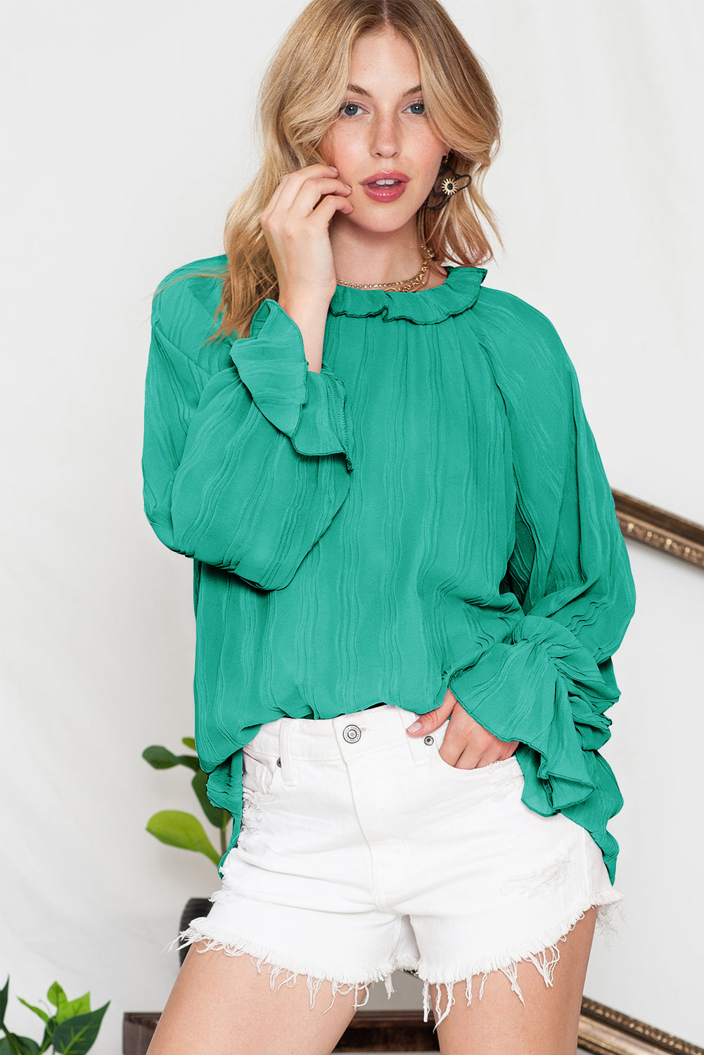 Black Crinkle Frilled Neck Pleated Long Sleeve Blouse