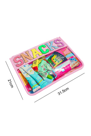Black SNACKS Chenille Letters Zipped Clear Pouch