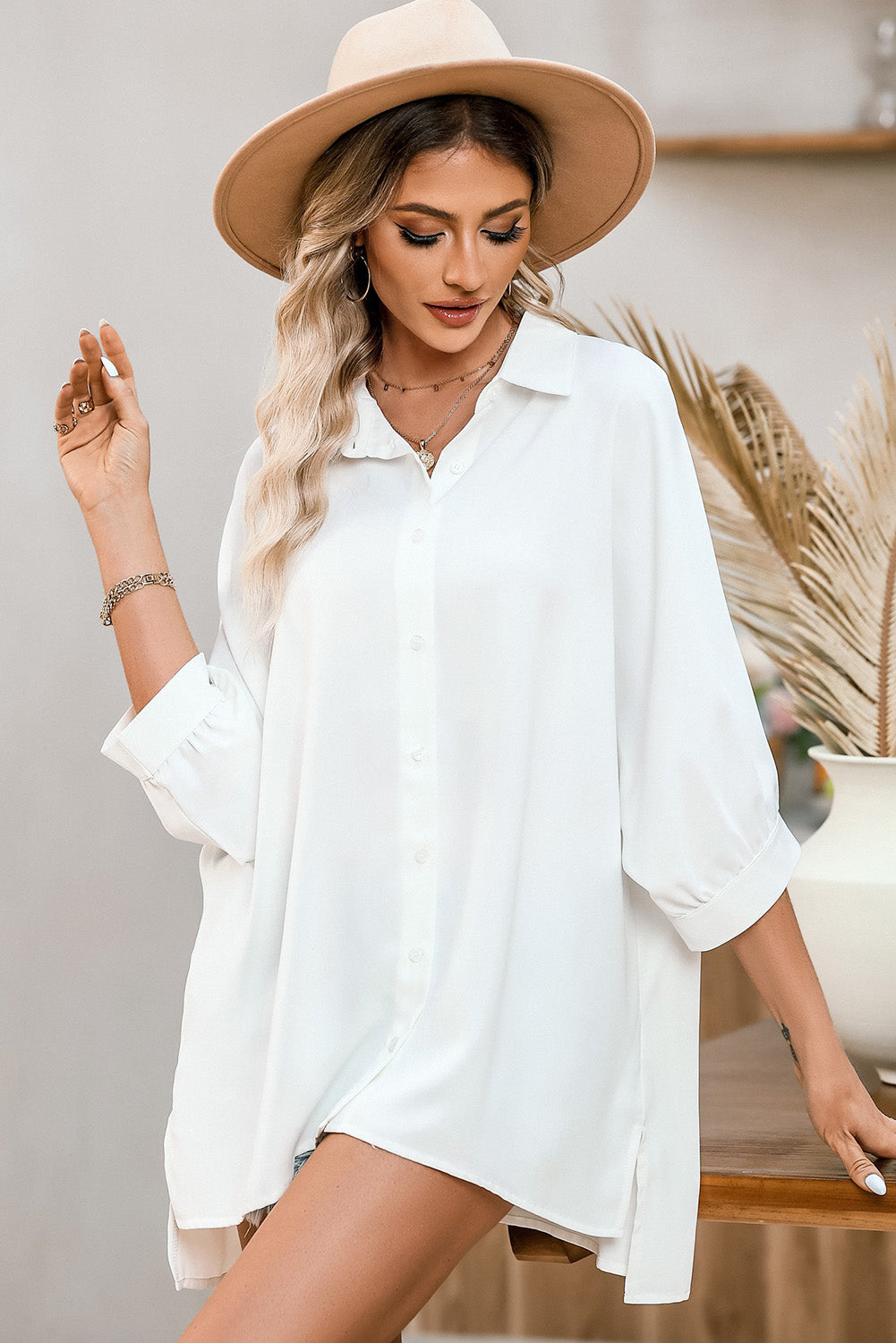 Green 3/4 Batwing Sleeve Oversize Button Up Shirt