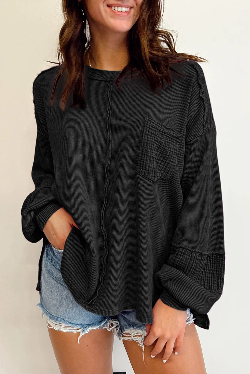 Black Waffle and Crinkle Patchwork Long Sleeve Top