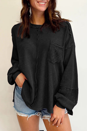 Black Waffle and Crinkle Patchwork Long Sleeve Top