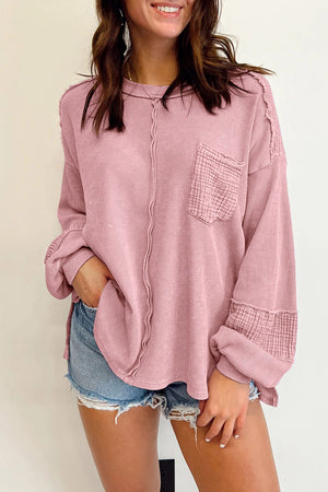 Black Waffle and Crinkle Patchwork Long Sleeve Top