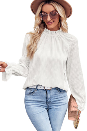 Black Frilled Mock Neck Bubble Sleeve Pleated Blouse