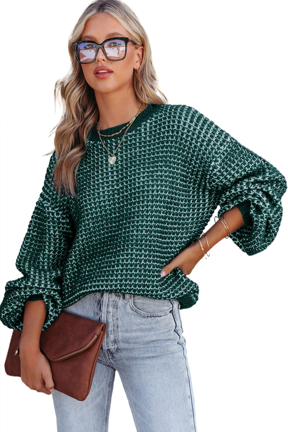 Green Heathered Knit Drop Shoulder Lantern Sleeve Sweater