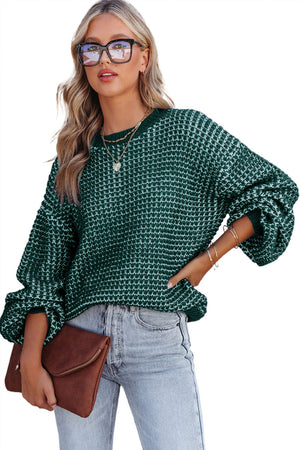 Green Heathered Knit Drop Shoulder Lantern Sleeve Sweater