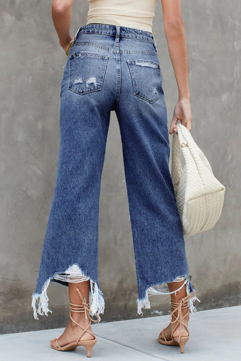 Sky Blue Heavy Destroyed Raw Hem Wide Leg Jeans