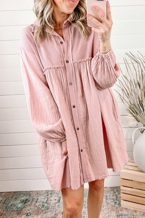 Black Ribbed and Crinkle Patchwork Puff Sleeve Shirt Dress