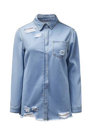 Green Casual Ripped Raw Hem Button Up Denim Shacket