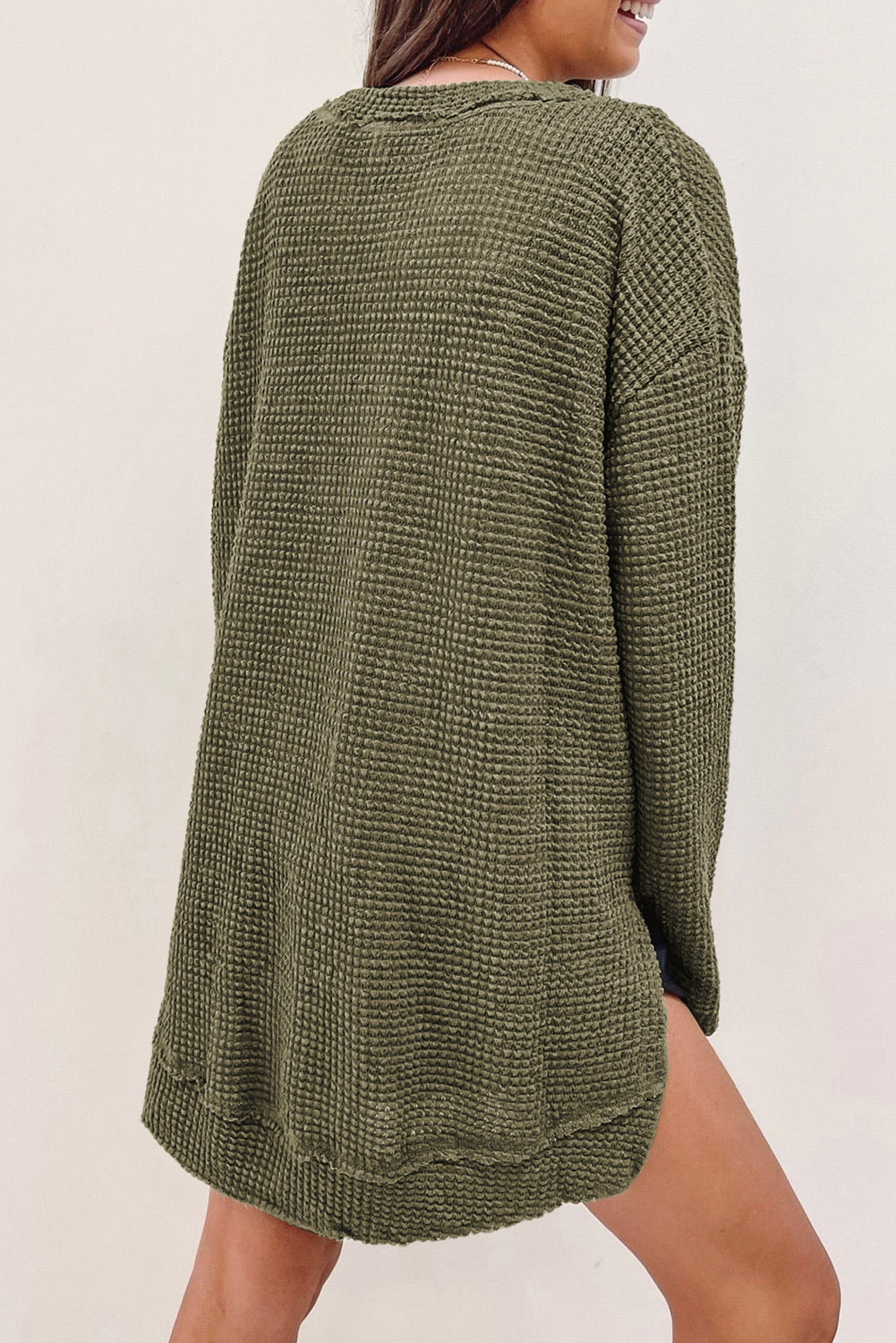 Black Plain Waffle Knit Drop Sleeve Side Slits Oversized Top
