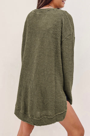 Black Plain Waffle Knit Drop Sleeve Side Slits Oversized Top