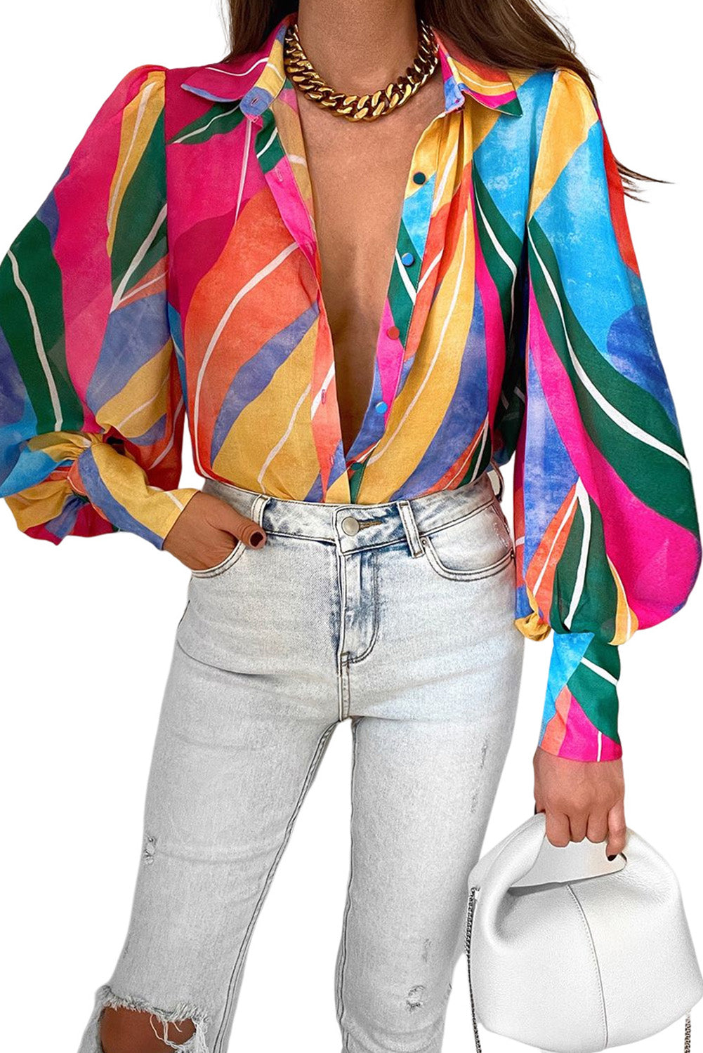 Multicolor Swirl Color Block Print Lantern Sleeve Shirt