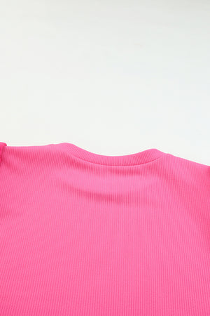 Black Ribbed Crew Neck Elegant Puff Sleeve Top