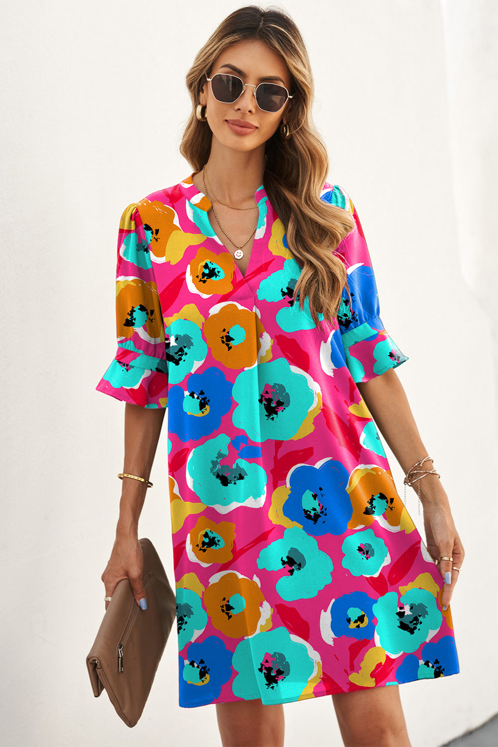 Rose Floral Print Mandarin Collar Short Sleeve Tunic Dress