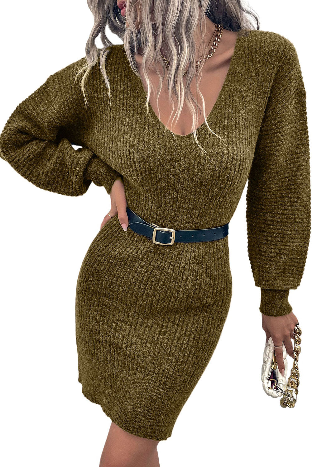 Pink V Neck Puff Sleeve Bodycon Sweater Dress