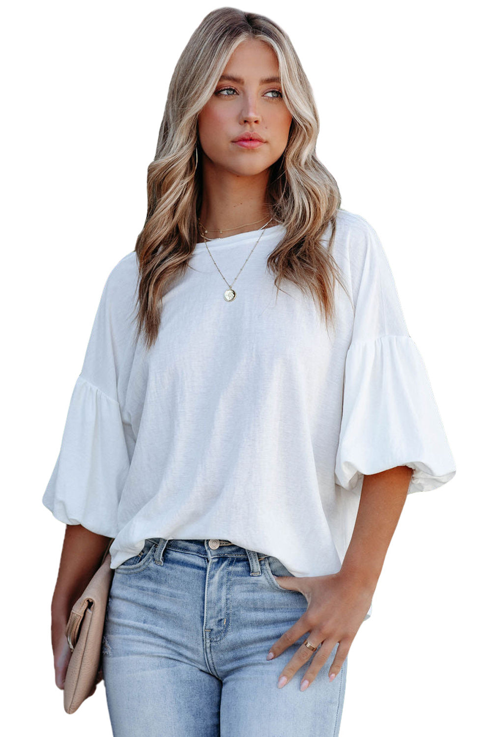 White Solid Color Casual Bubble Sleeve Blouse