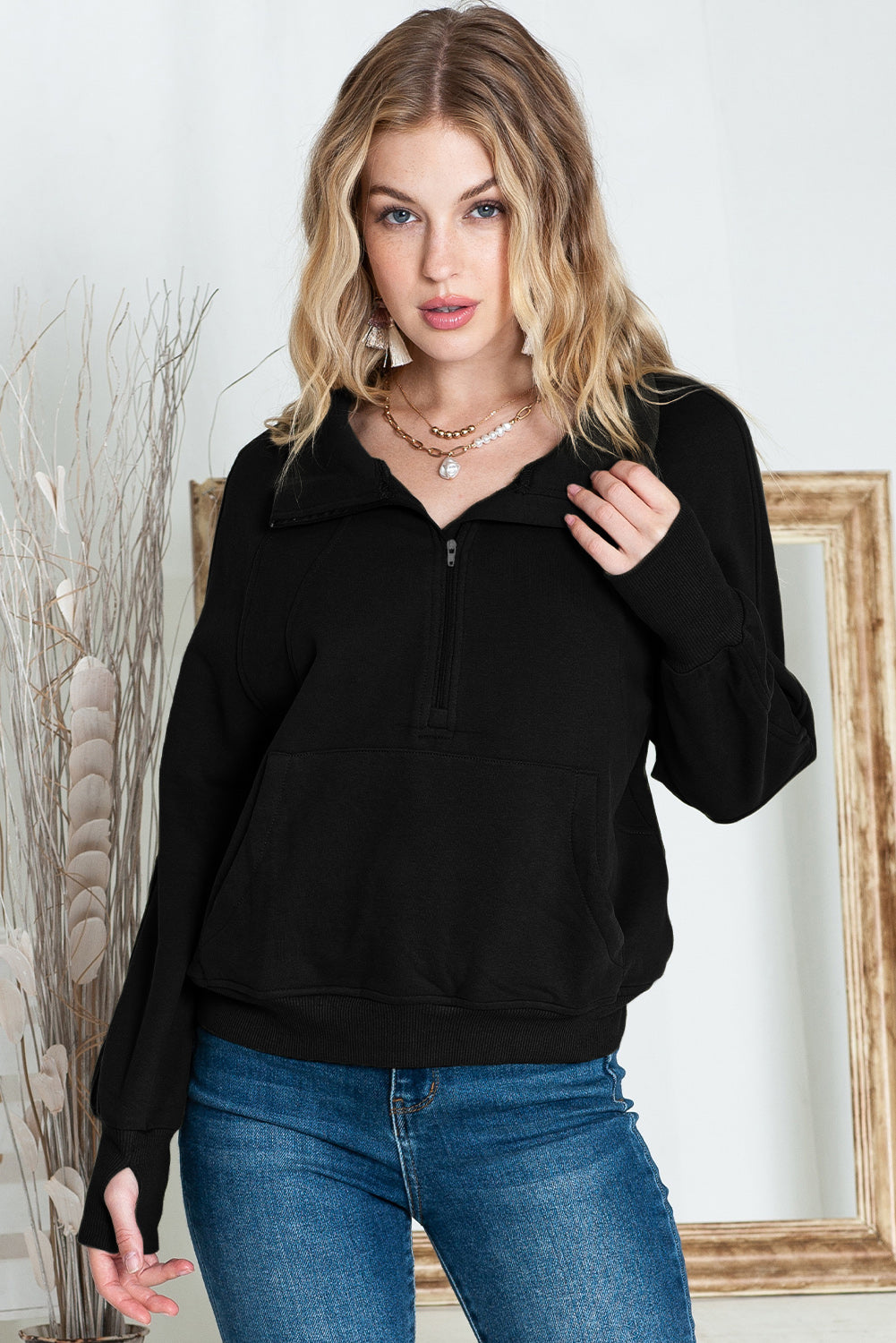 Green Zip Up Stand Collar Ribbed Thumbhole Sleeve Sweatshirt