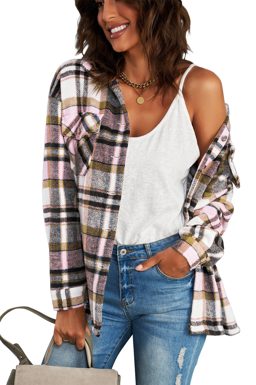 Brown Plaid Button Up Long Sleeve Flannel Jacket