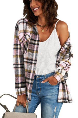 Brown Plaid Button Up Long Sleeve Flannel Jacket