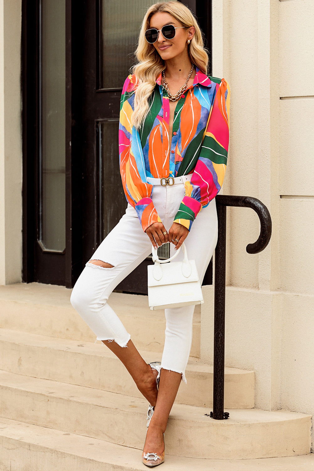 Multicolor Swirl Color Block Print Lantern Sleeve Shirt