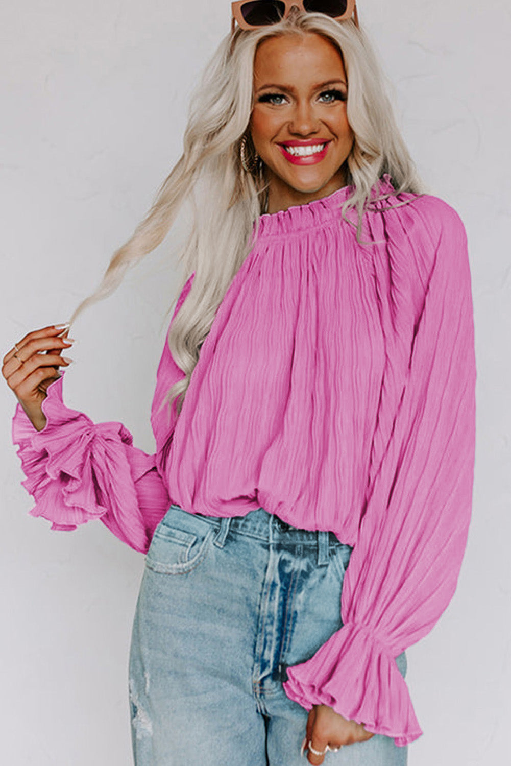 Black Crinkle Frilled Neck Pleated Long Sleeve Blouse