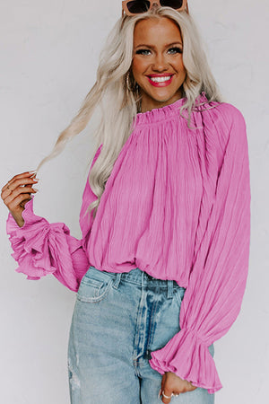 Black Crinkle Frilled Neck Pleated Long Sleeve Blouse