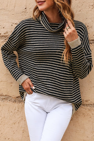 Black Striped Turtleneck Long Sleeve Sweater