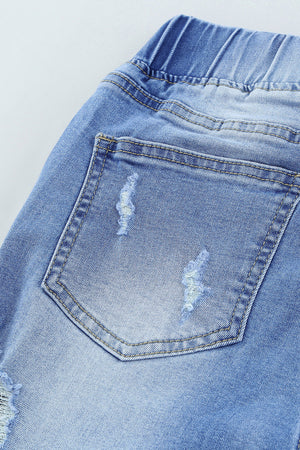 Dark Blue Casual Hole Drawstring Elastic Waist Jeans