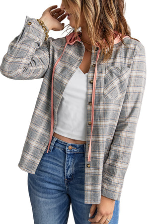 Black Plaid Drawstring Hooded Shacket
