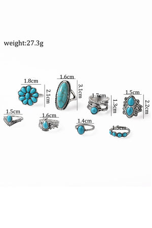 Green 8Pcs Vintage Western Turquoise Ring Set