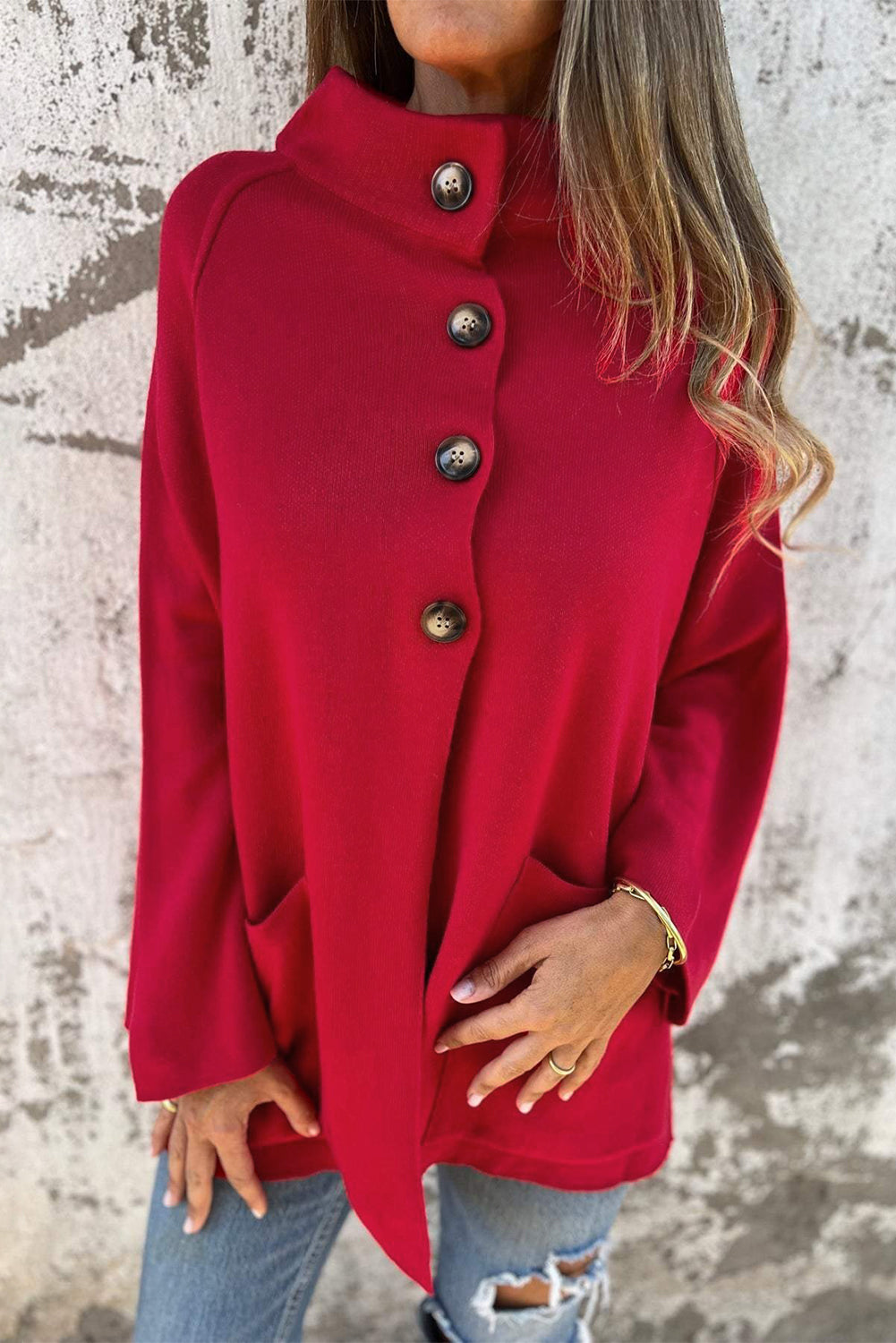 Fiery Red Collared Button Front Wrapped Cardigan Jacket