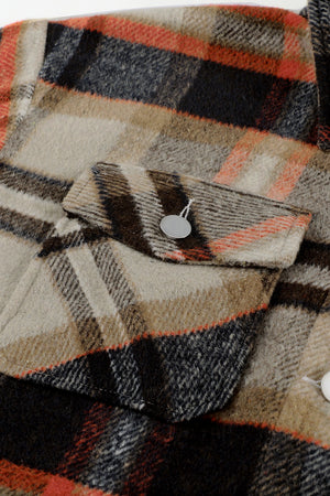 Brown Plaid Button Up Long Sleeve Flannel Jacket