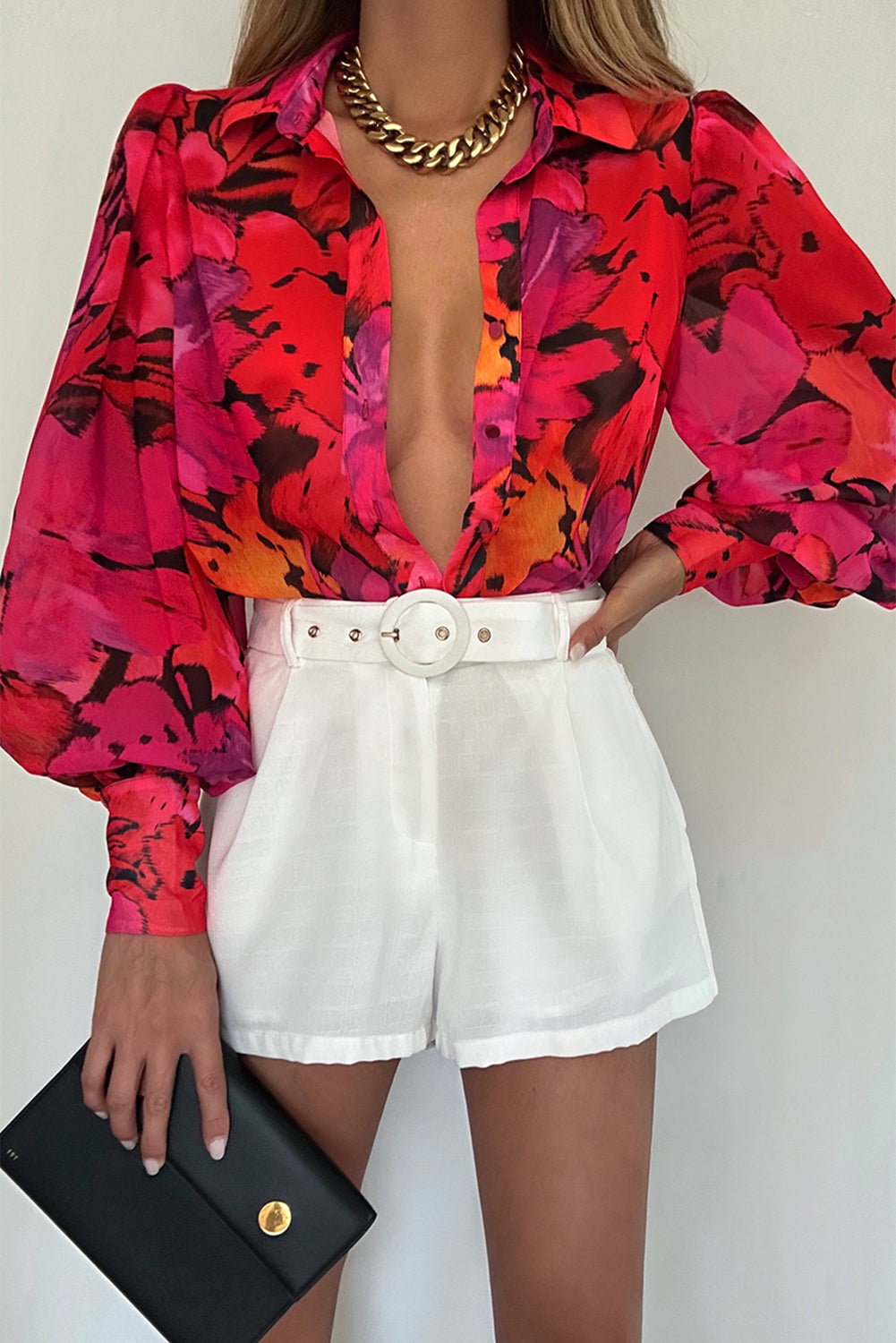 Multicolor Swirl Color Block Print Lantern Sleeve Shirt