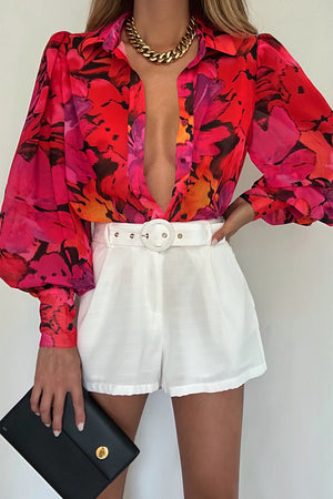 Multicolor Swirl Color Block Print Lantern Sleeve Shirt
