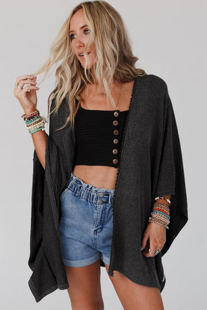 Black Textured Lace Trim Open Front Kimono Cardigan