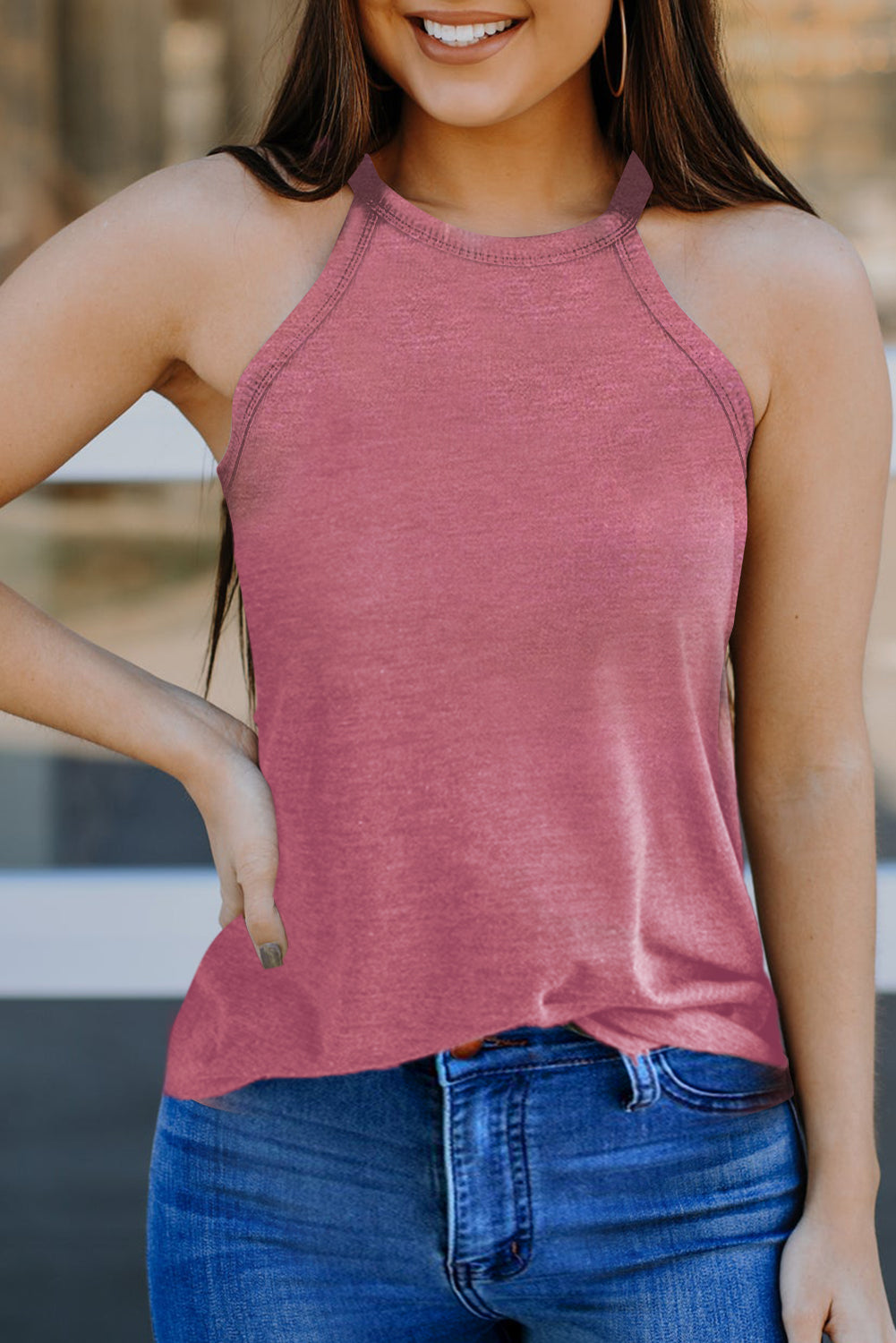 Pink Solid Color Crew Neck Tank Top