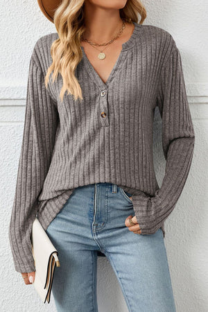 Black Grey Striped Knit Casual Button V Neck Tops