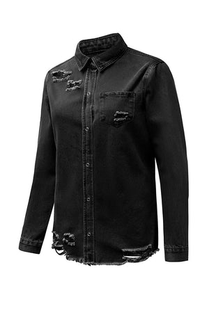 Green Casual Ripped Raw Hem Button Up Denim Shacket