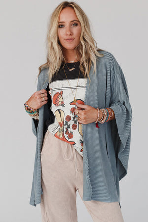 Black Textured Lace Trim Open Front Kimono Cardigan