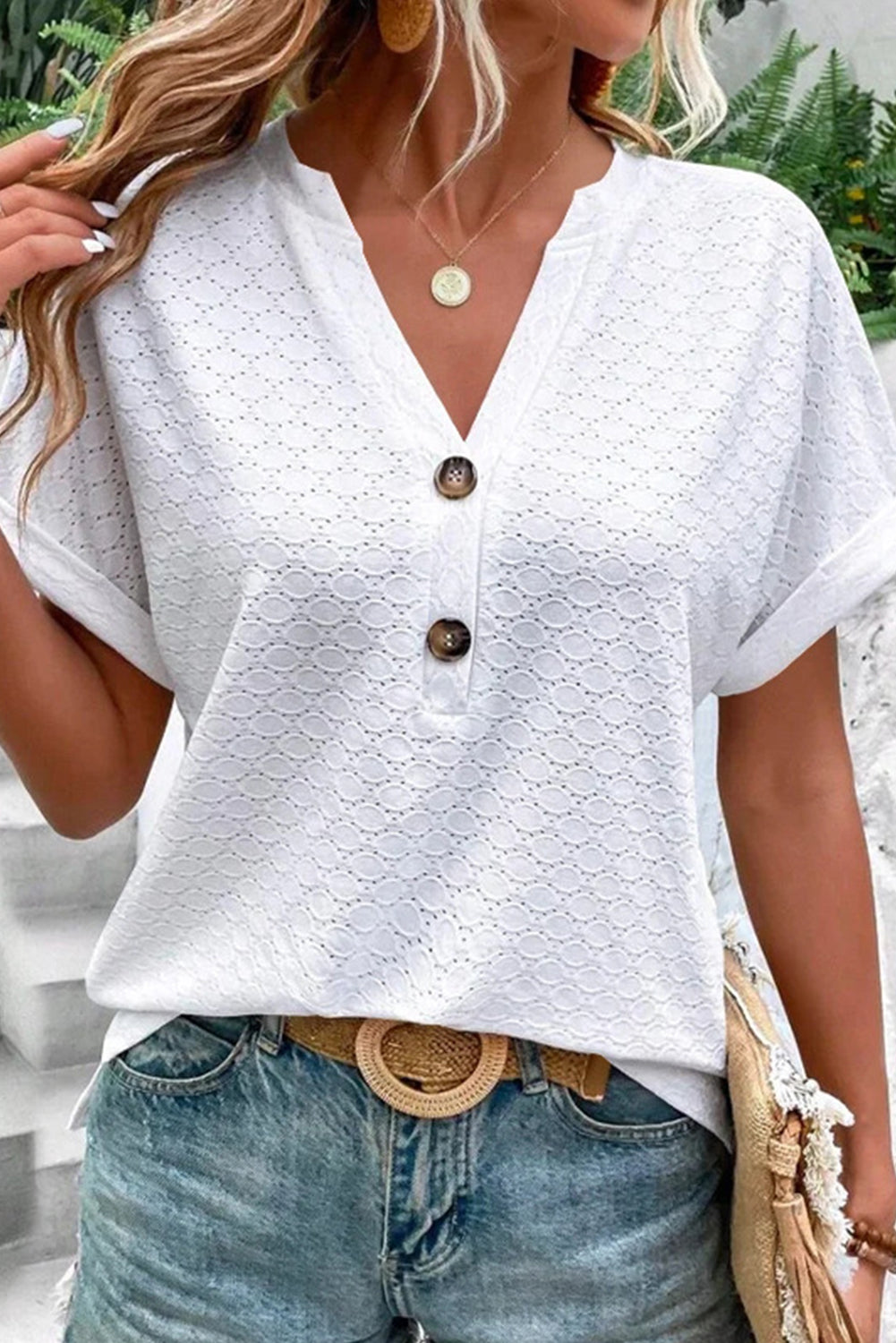 Black Button V Neck Eyelet Solid Color Blouse