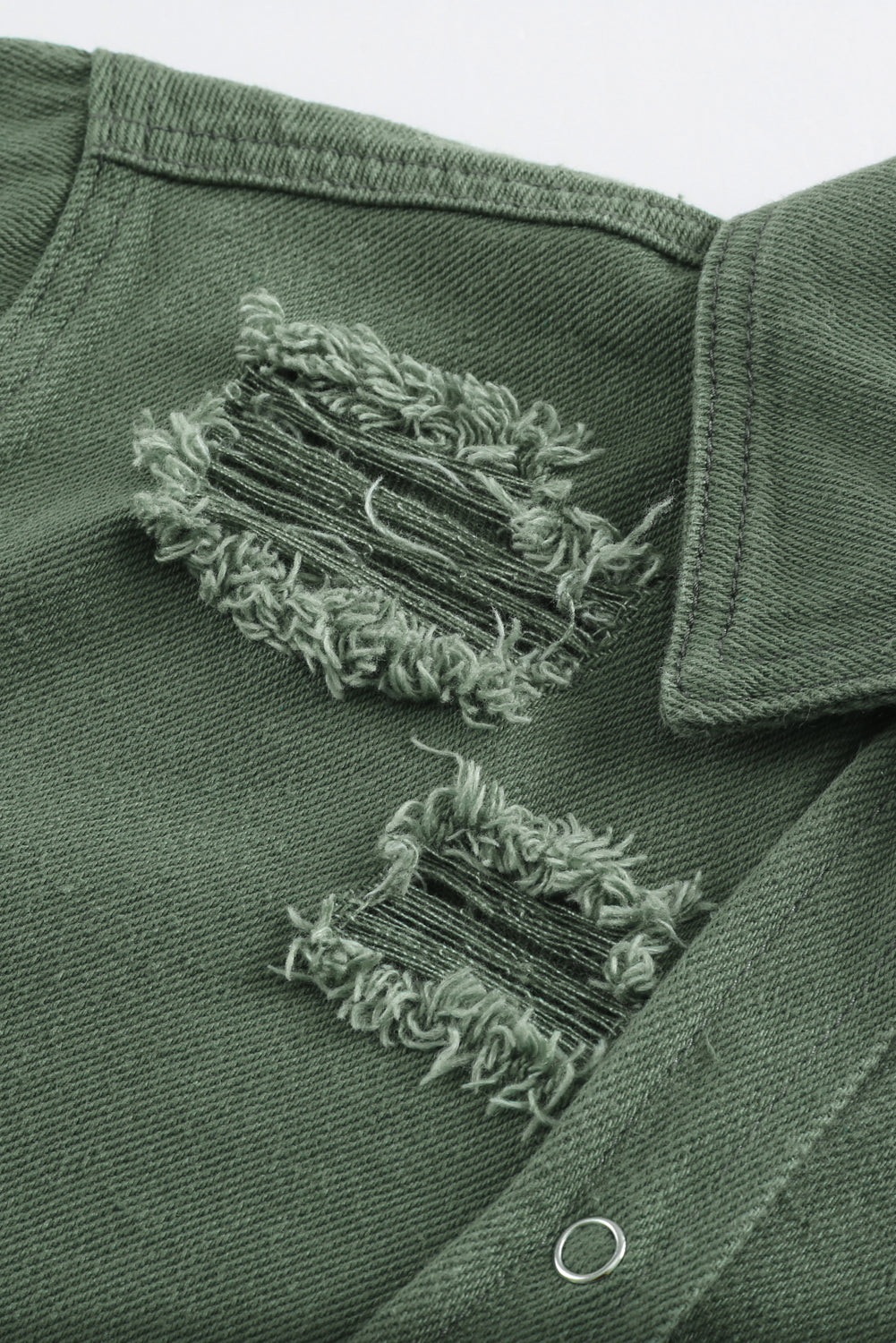 Green Casual Ripped Raw Hem Button Up Denim Shacket