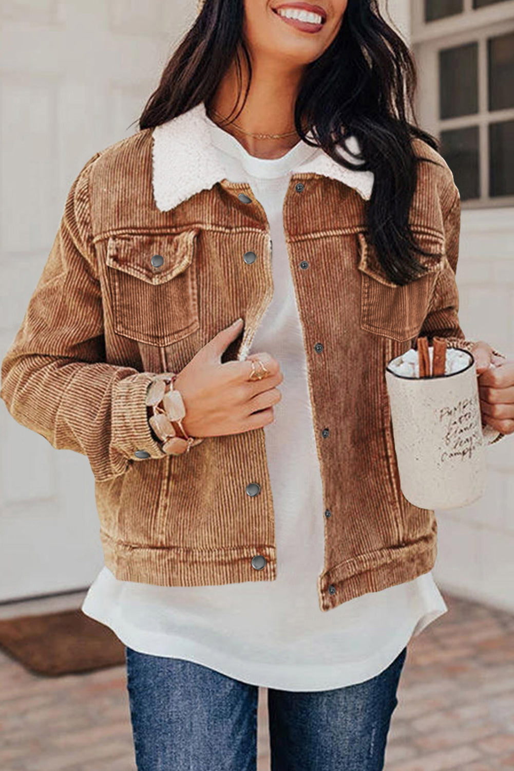 Red Sherpa Snap Flap Pocket Cropped Corduroy Jacket