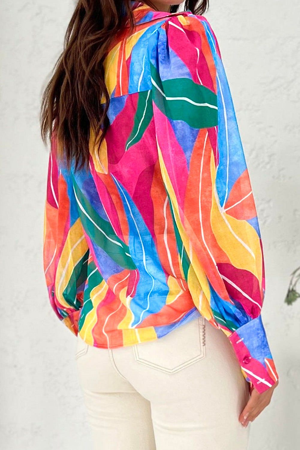 Multicolor Swirl Color Block Print Lantern Sleeve Shirt