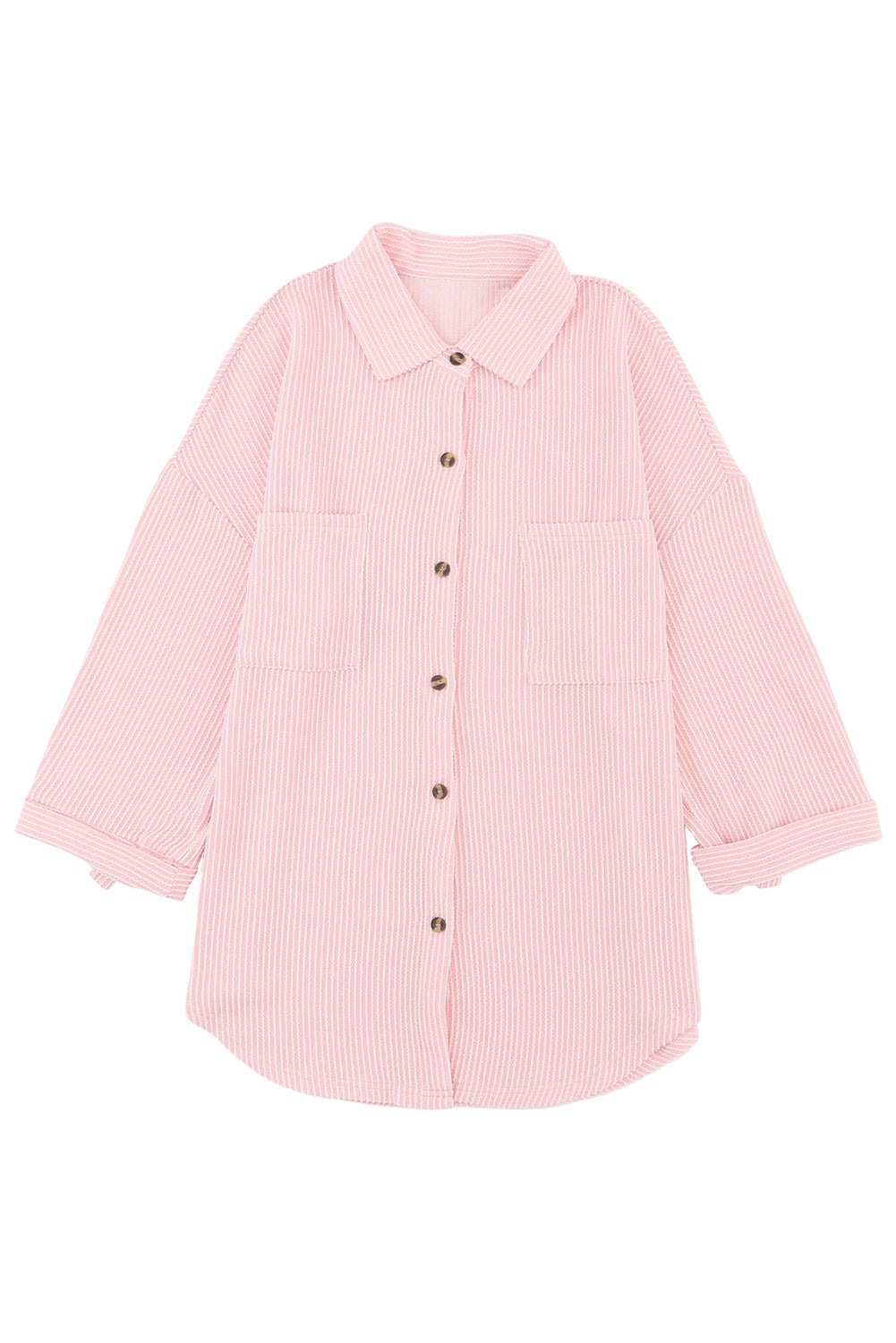 Pink Solid Color Textured Roll Tab Sleeve Shirt Shacket