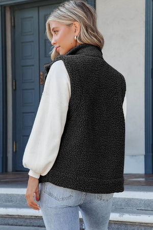 Green Snap Button Collared Stand Neck Sherpa Vest