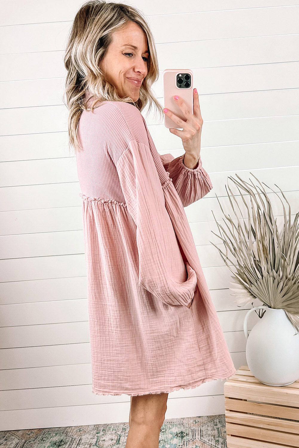 Black Ribbed and Crinkle Patchwork Puff Sleeve Shirt Dress