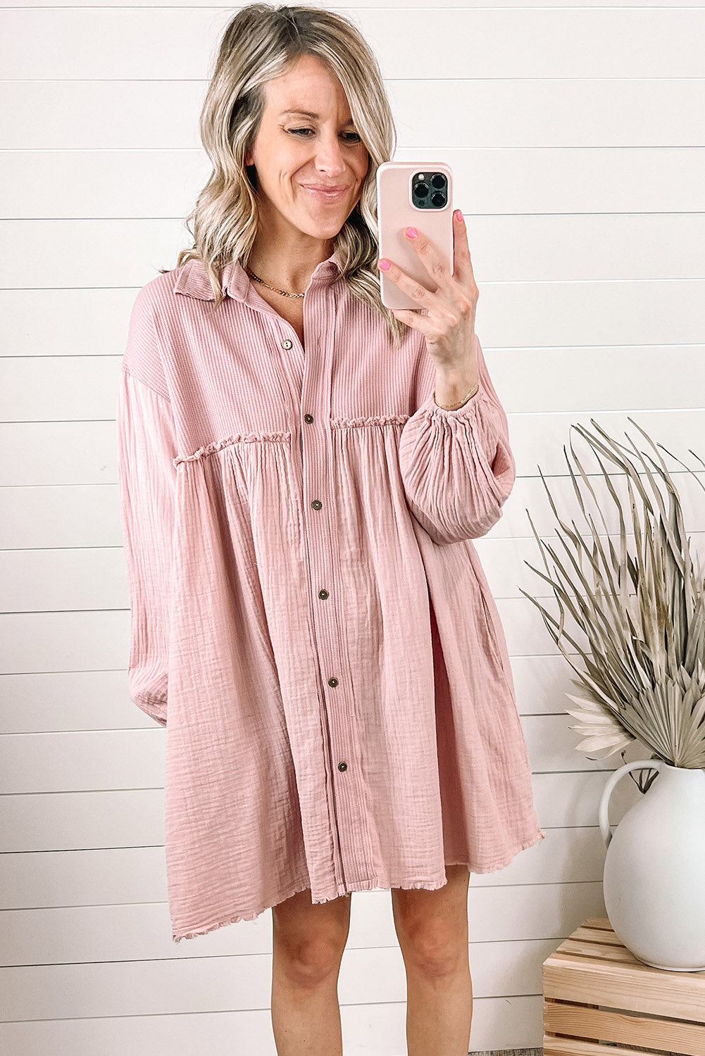 Black Ribbed and Crinkle Patchwork Puff Sleeve Shirt Dress