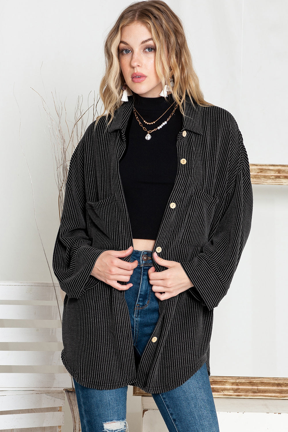 Pink Solid Color Textured Roll Tab Sleeve Shirt Shacket