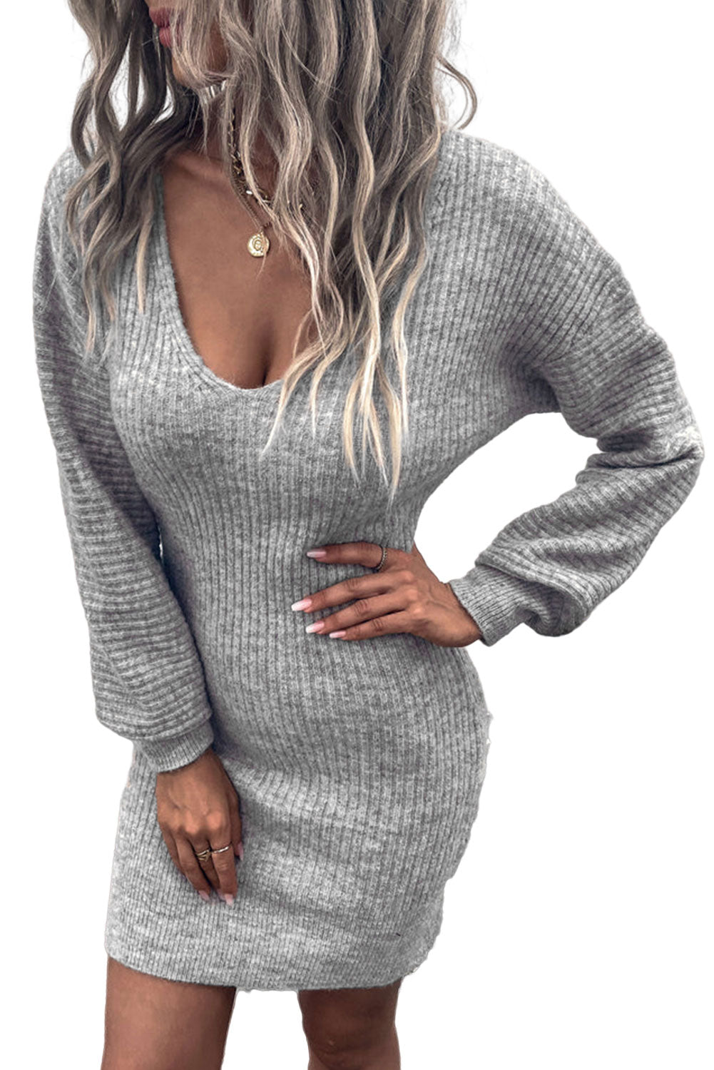 Pink V Neck Puff Sleeve Bodycon Sweater Dress